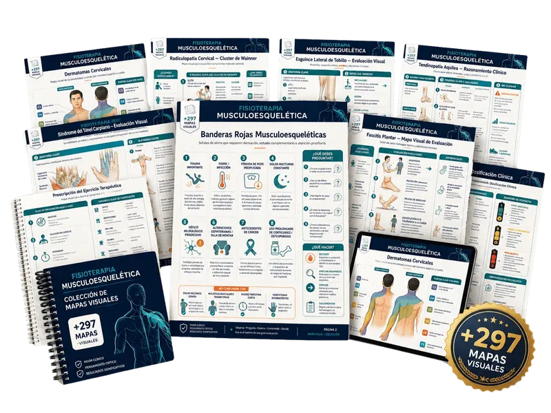 +297 mapas visuales de fisioterapia musculoesquelética — colección de hojas clínicas, tablet y sello de garantía